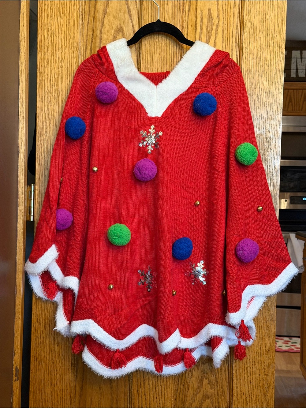 Holiday Time XXL Festive Red Holiday Pom-Pom Sweater Poncho